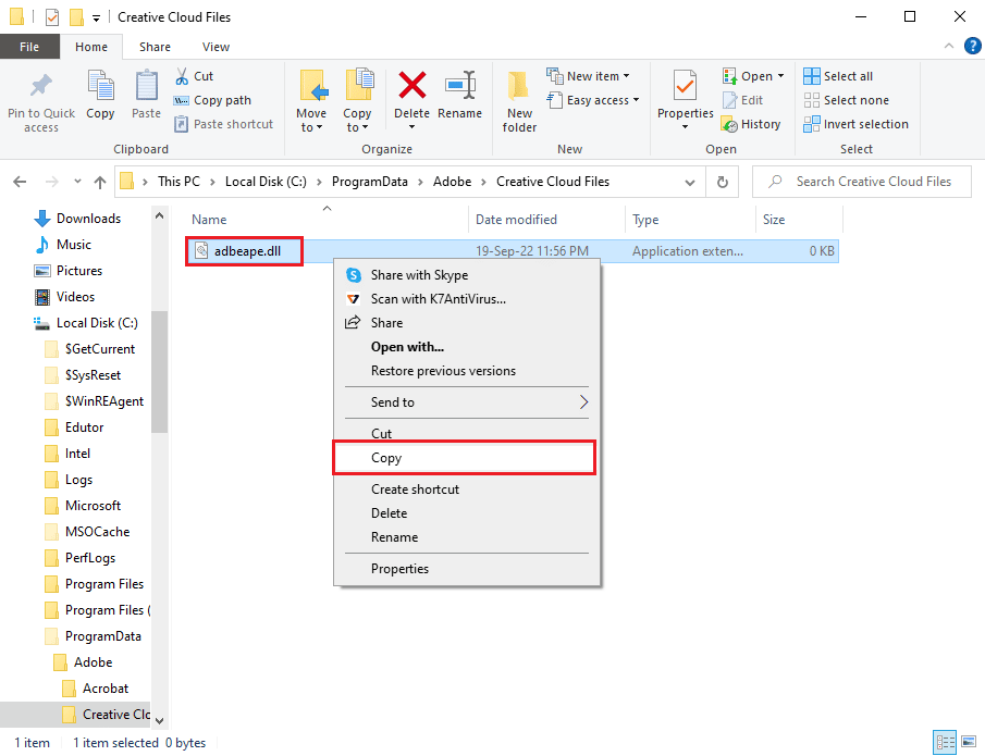 Щелкните правой кнопкой мыши файл adbeape.dll и выберите параметр «Копировать». Исправить ошибку 16 Adobe After Effects в Windows 10