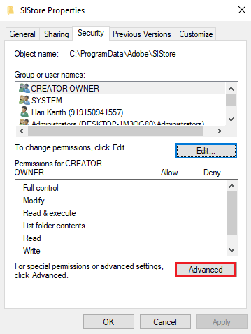 Select the Administrator account in the SLStore Properties window and click on the Advanced button