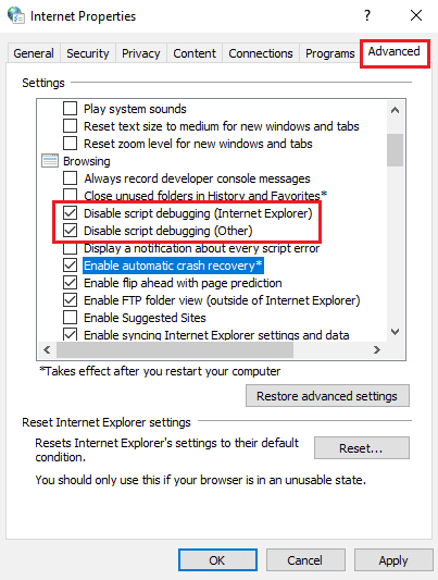 vyberte nasledujúce nastavenia v časti Prehliadanie. Opravte chybu Adobe After Effects Error 16 v systéme Windows 10