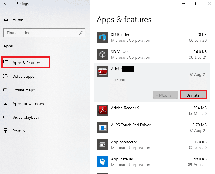 щелкните приложение Adobe CC и нажмите кнопку «Удалить». Исправить ошибку 16 Adobe After Effects в Windows 10