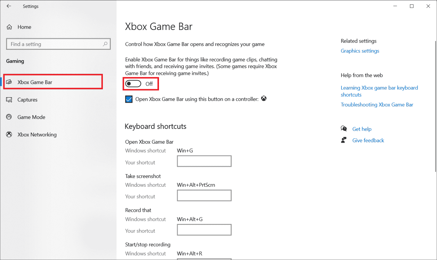 Toggle off Enable Xbox Game Bar