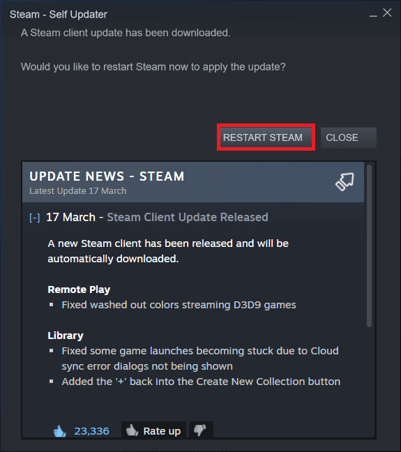haga clic en REINICIAR VAPOR. Arreglar el error de Steam de No Steam User en el mod de Garry