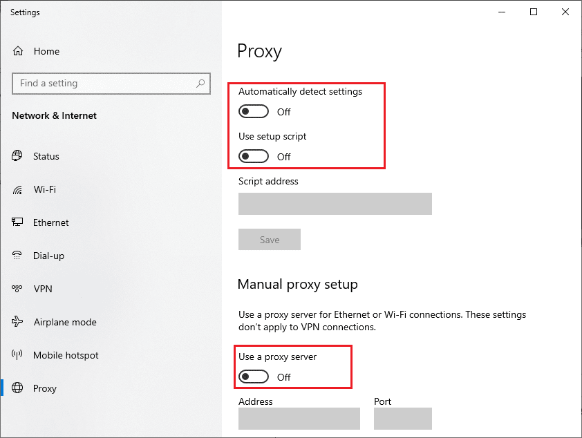 toggle OFF Proxy server. Fix Page Could Not Be Loaded in Microsoft Store
