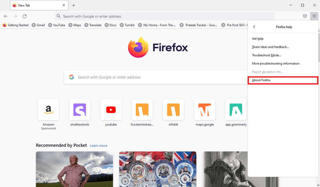 нажмите «О Firefox»