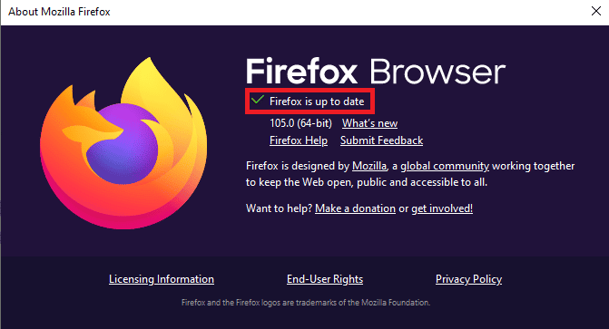 Если Firefox обновлен, вы получите сообщение Firefox обновлен.