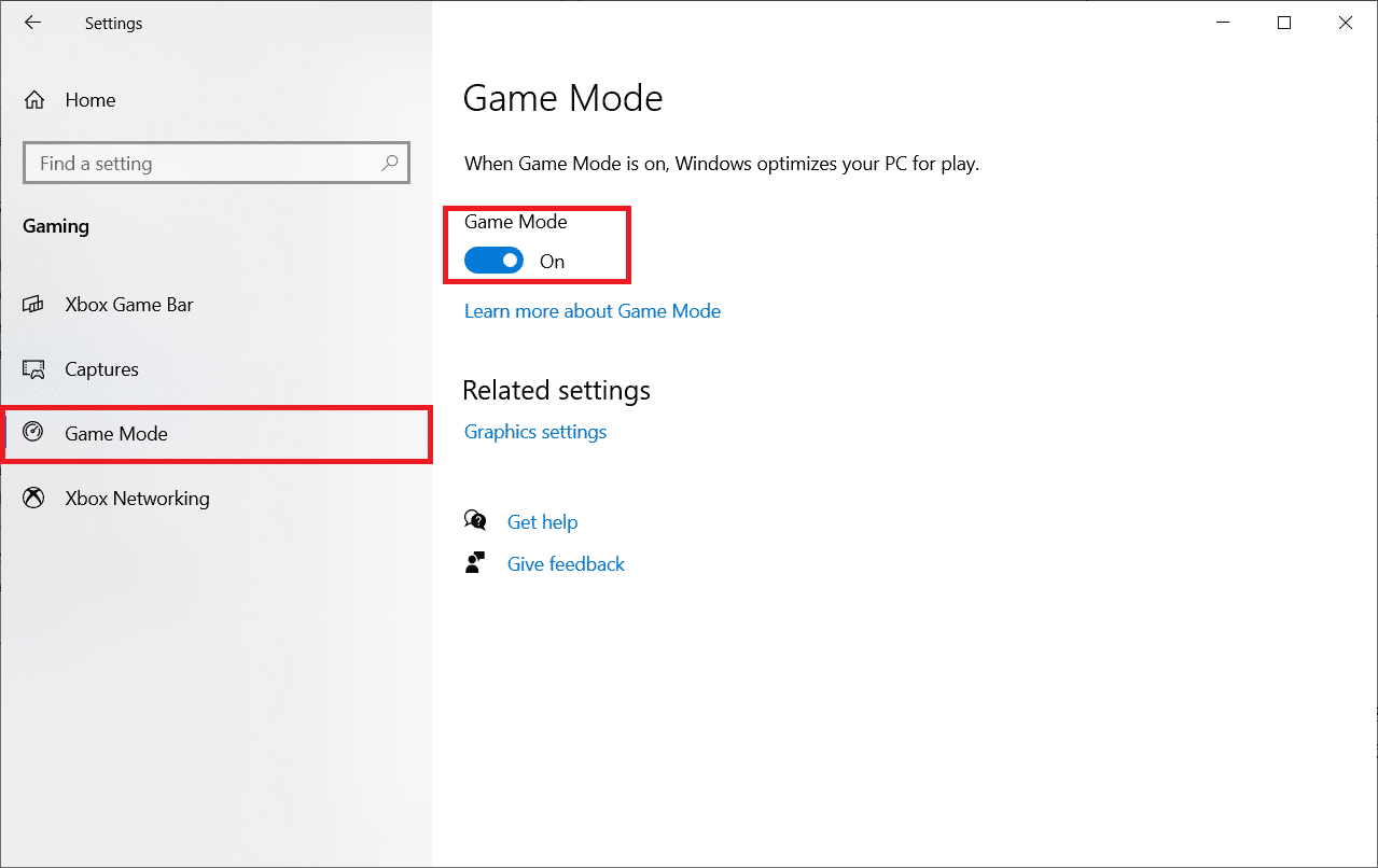 Select the Game mode option and turn on the Game Mode toggle