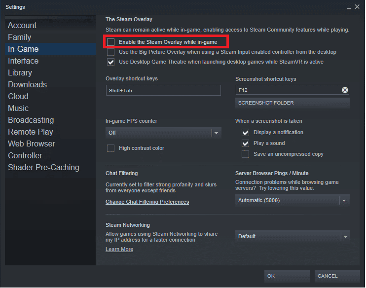 uncheck the box next to Enable the Steam Overlay while in game to disable the feature