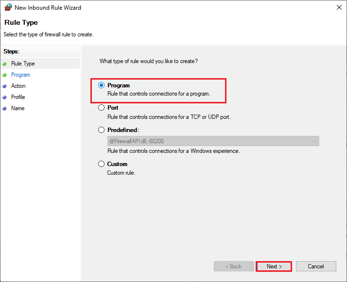 make sure you select the Program option under What type of rule would you like to create
