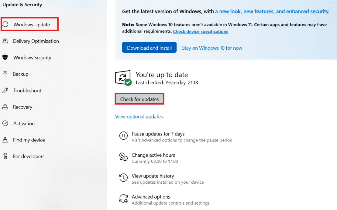 Click on Check for updates button. Fix System Service Exception on Windows 10 or 11