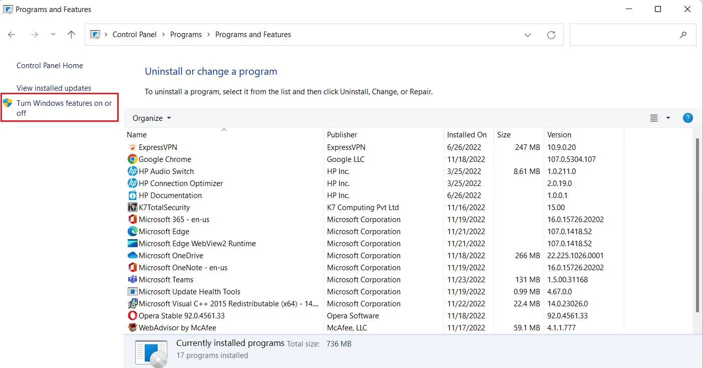 Haga clic en Activar o desactivar las funciones de Windows. Reparar las unidades asignadas de Windows 10 que no se muestran en los programas