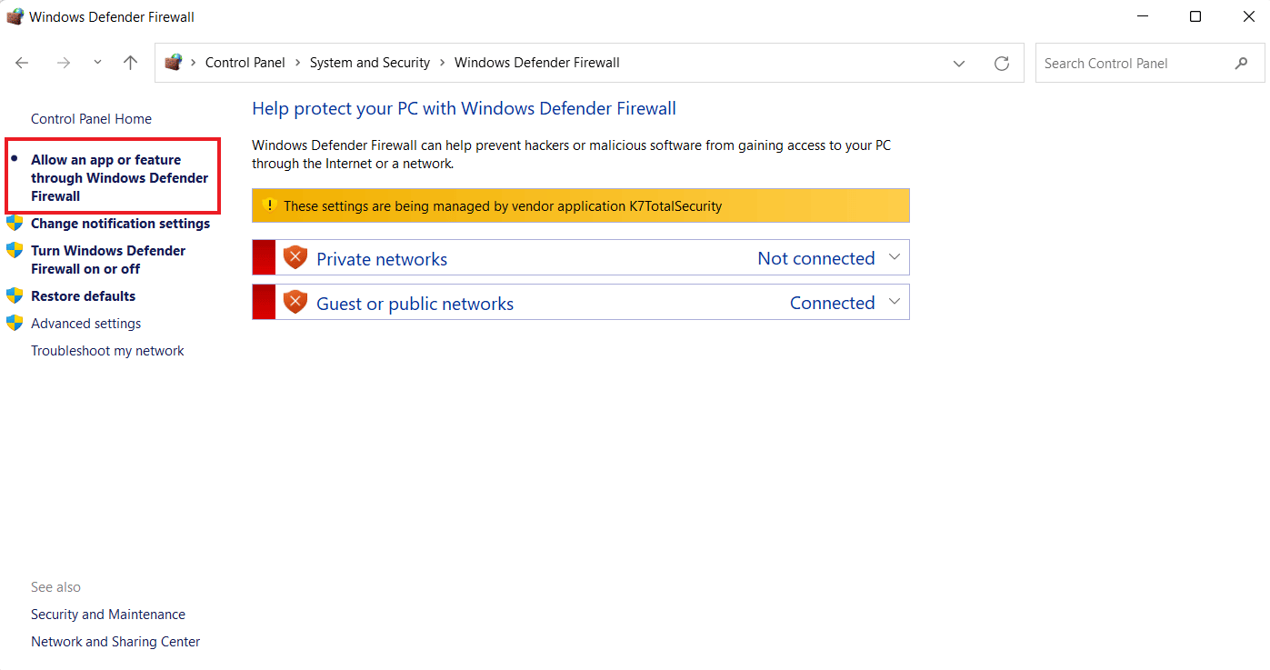 Click on Allow an app or feature through Windows Defender Firewall