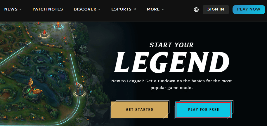 eikite į „League of Legends“ oficialios svetainės atsisiuntimo puslapį ir spustelėkite parinktį „Žaisti nemokamai“.