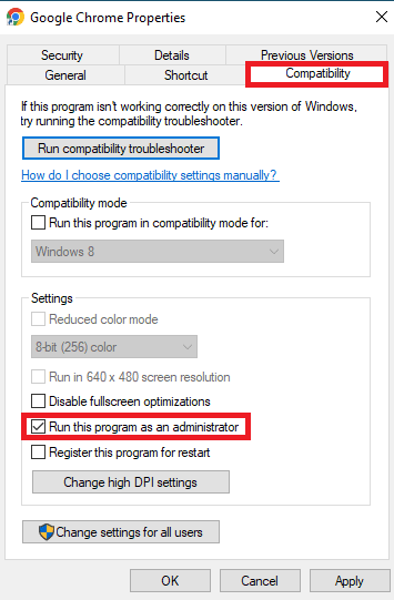 Navigate to the Compatibility tab and check the box for Run this program as an administrator