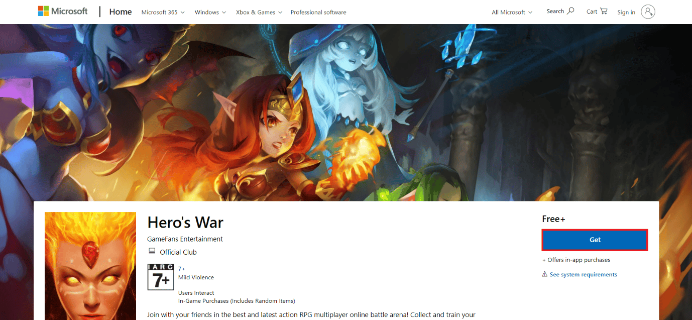download page of hero's war