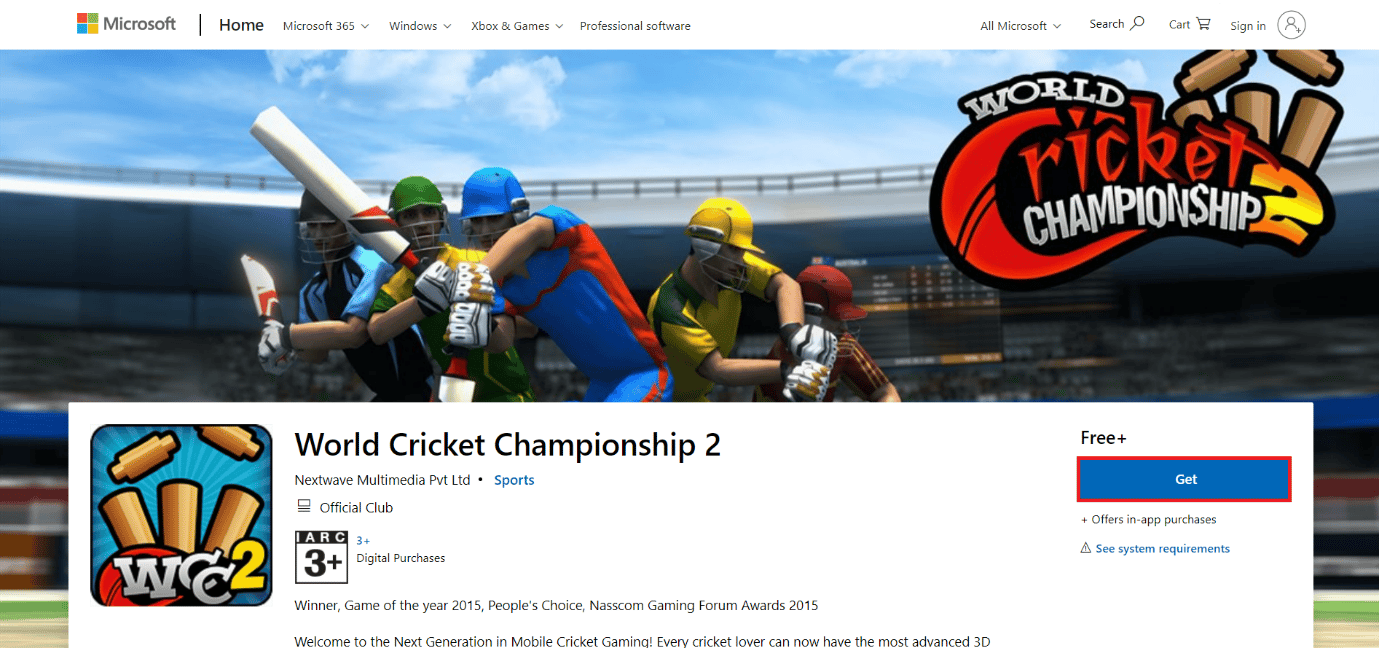 page de téléchargement du championnat du monde de cricket 2