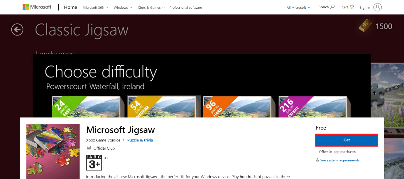 страница загрузки Microsoft Jigsaw. 50 лучших бесплатных игр для Windows 10, которые можно скачать