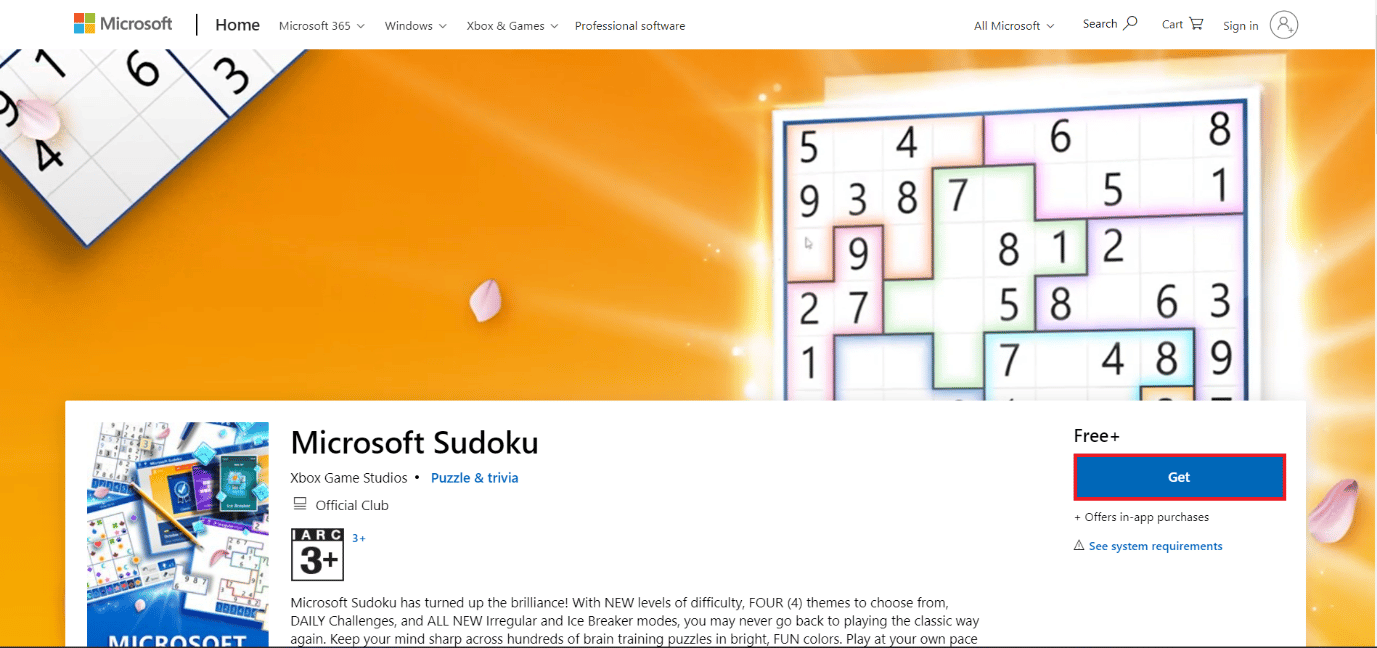 download page of Microsoft sudoku. 50 Best Free Games for Windows 10 to Download