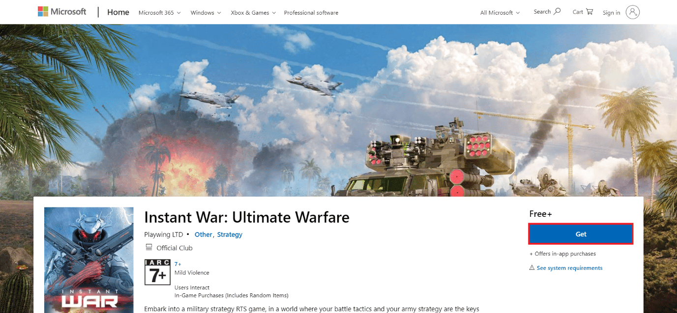 หน้าดาวน์โหลดของ Instant War: Ultimate Warfare