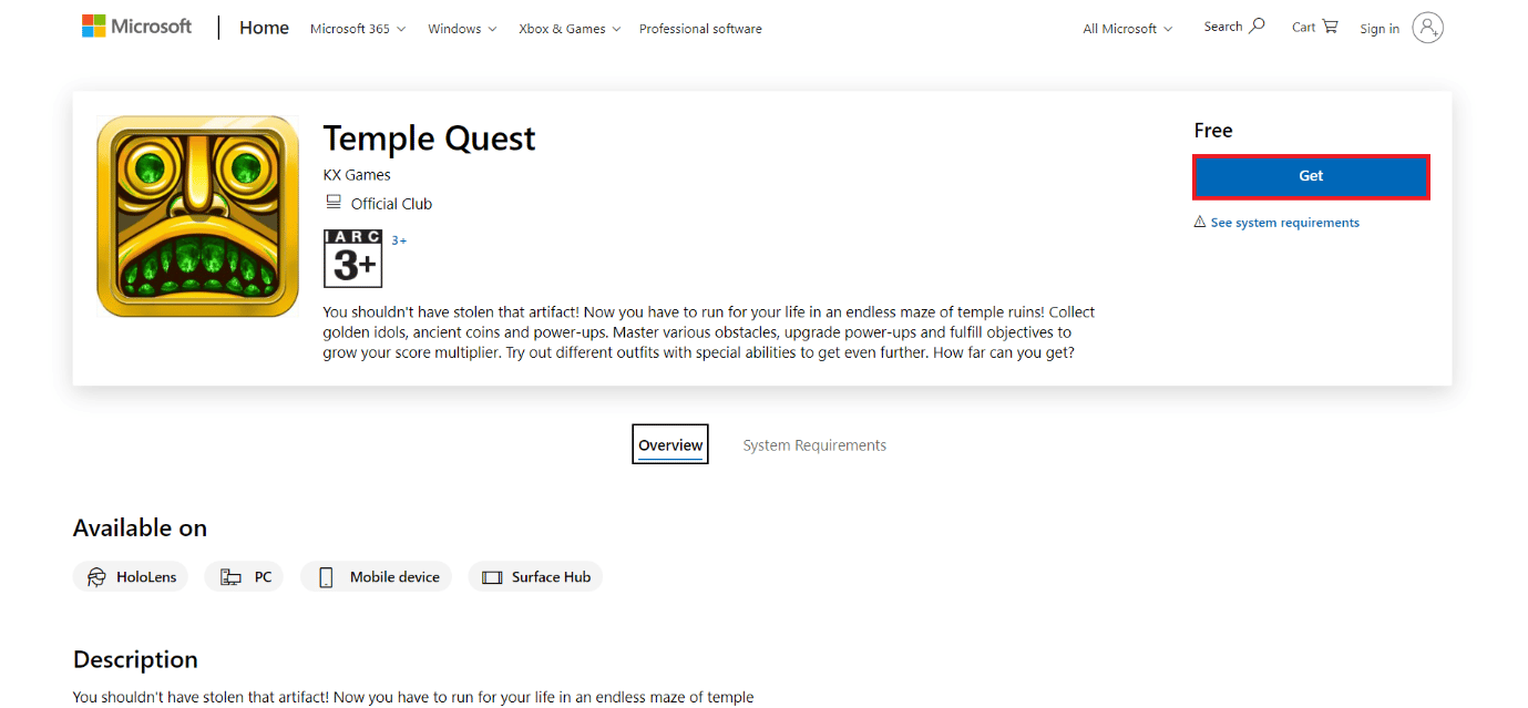 Página de descarga de Temple Quest. Los 50 mejores juegos gratuitos para Windows 10 para descargar
