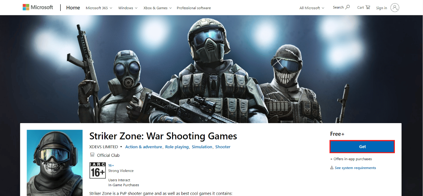 страница загрузки игры Striker Zone: War Shooting Games. 50 лучших бесплатных игр для Windows 10, которые можно скачать