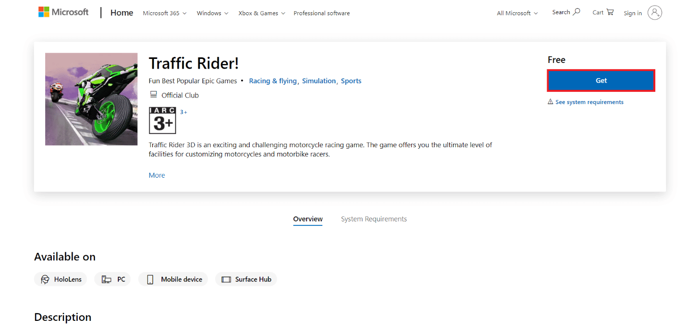 Traffic Rider'ın indirme sayfası