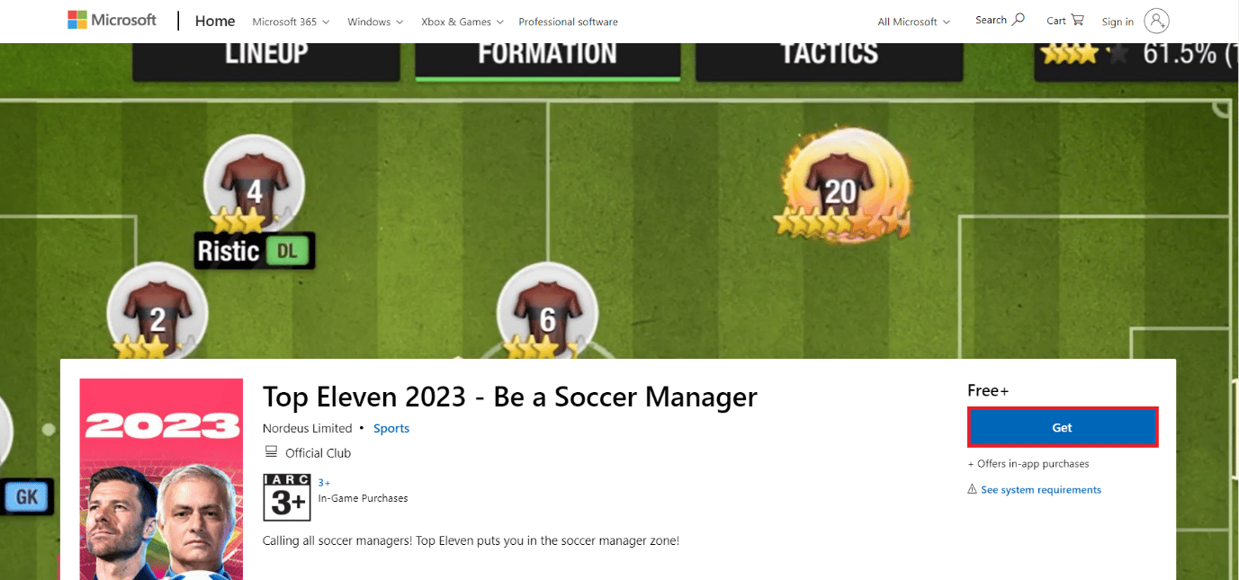 หน้าดาวน์โหลดของ Top Eleven 2023- เป็นผู้จัดการทีมฟุตบอล