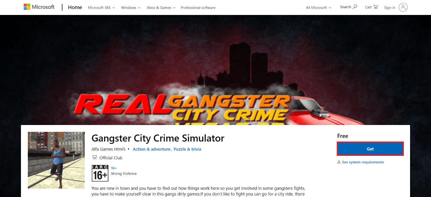 download page of gangster City Crime Simulator. 50 Best Free Games for Windows 10 to Download