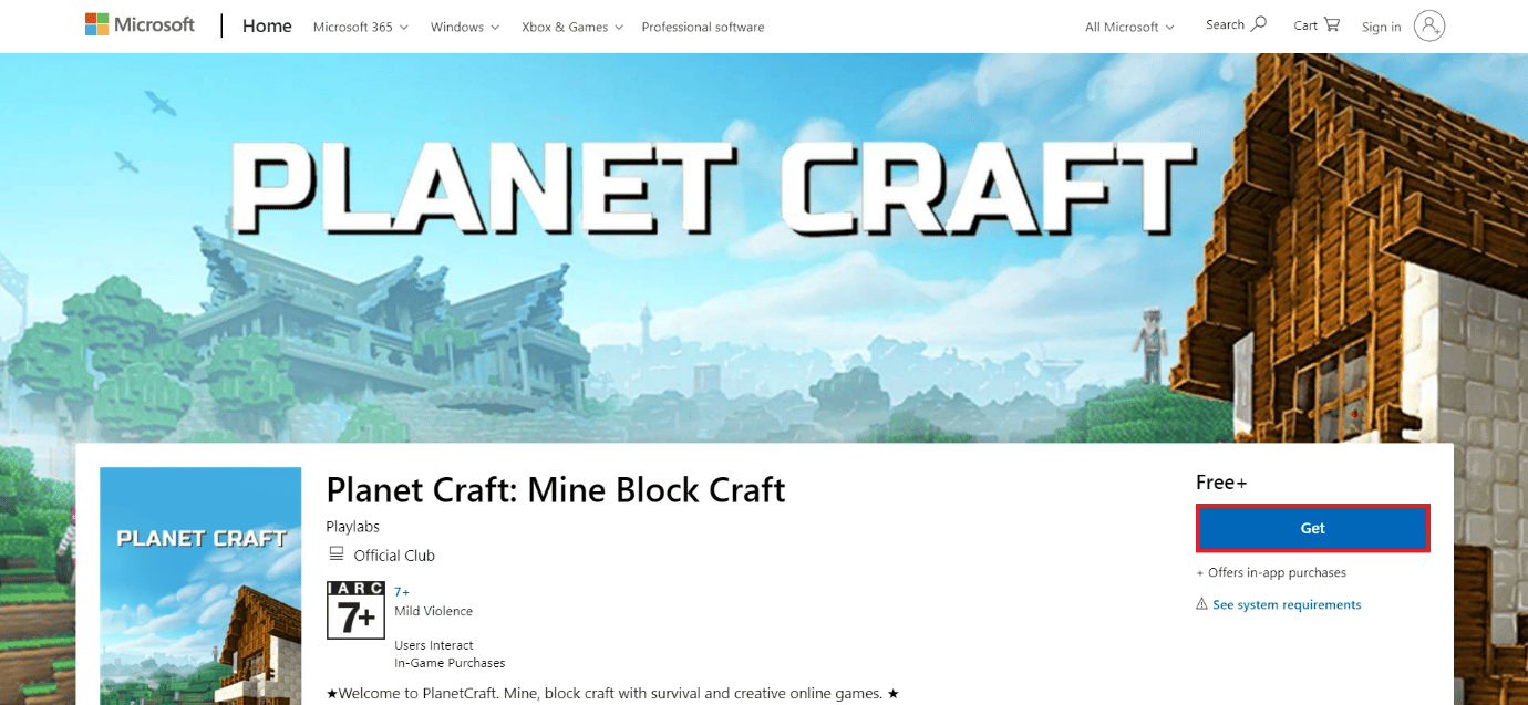 página de descarga de Planet Craft: Mine Block Craft
