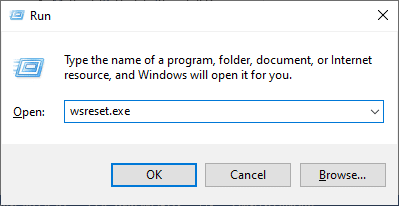 escriba wsreset.exe y presione Enter | Error de tienda de Microsoft 0x80073CFB