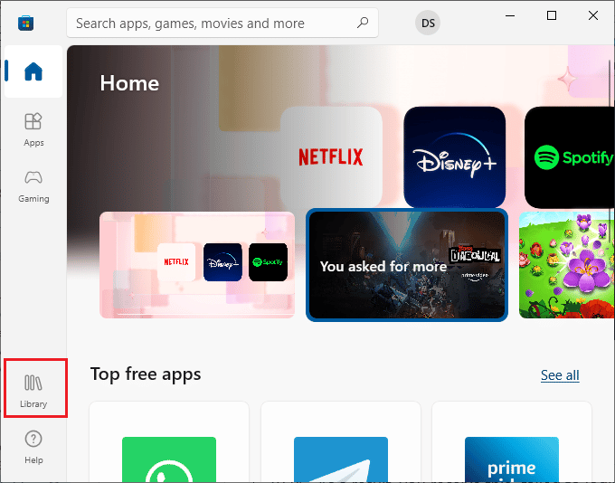 Click on Library icon at the bottom left corner of the Microsoft Store window