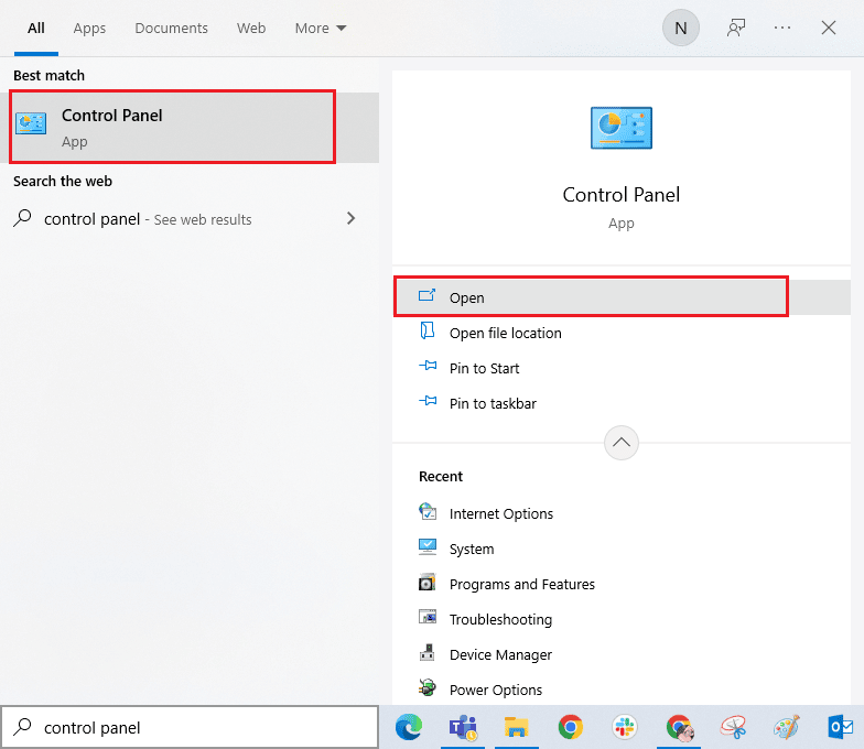 Presione la tecla de Windows y escriba Panel de control. haga clic en Abrir | Error de activación 0x80073CFB