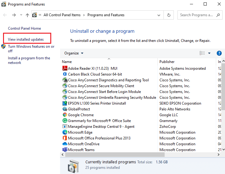 Haga clic en Ver actualizaciones instaladas en el panel izquierdo | Error de tienda de Microsoft 0x80073CFB