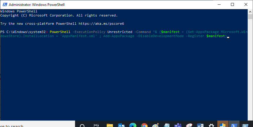 pegue las líneas de comando en Windows PowerShell y presione Enter | Error de tienda de Microsoft 0x80073CFB
