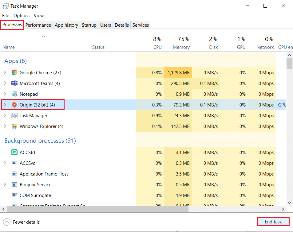 select the Origin process and click on End task in the Task Manager