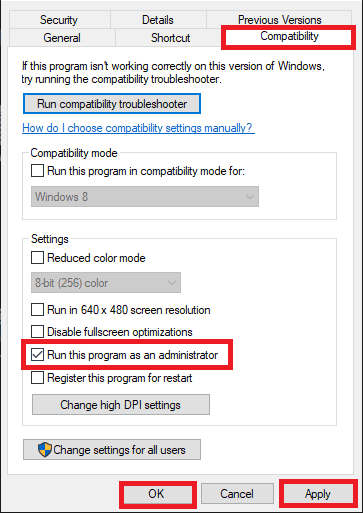 switch to the Compatibility tab and check the box Run this program as an administrator | fix League of Legends error 003