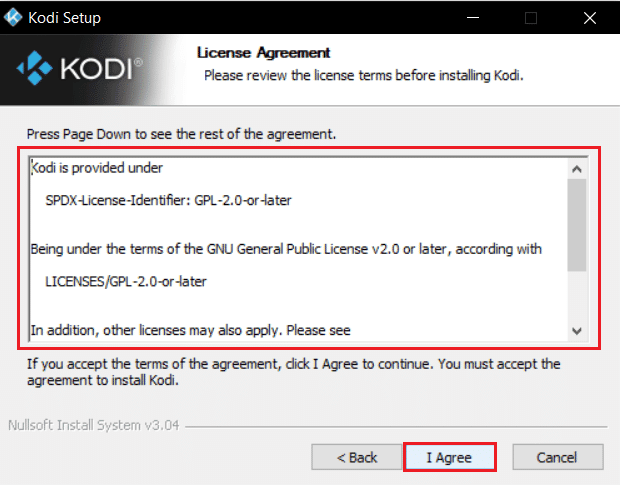 read the licence agreement and select I agree button in kodi installer window