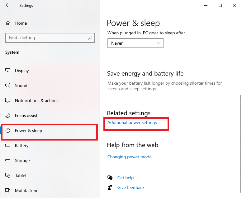 επιλέξτε την επιλογή Power and sleep και κάντε κλικ στο Additional power settings στην περιοχή Related settings