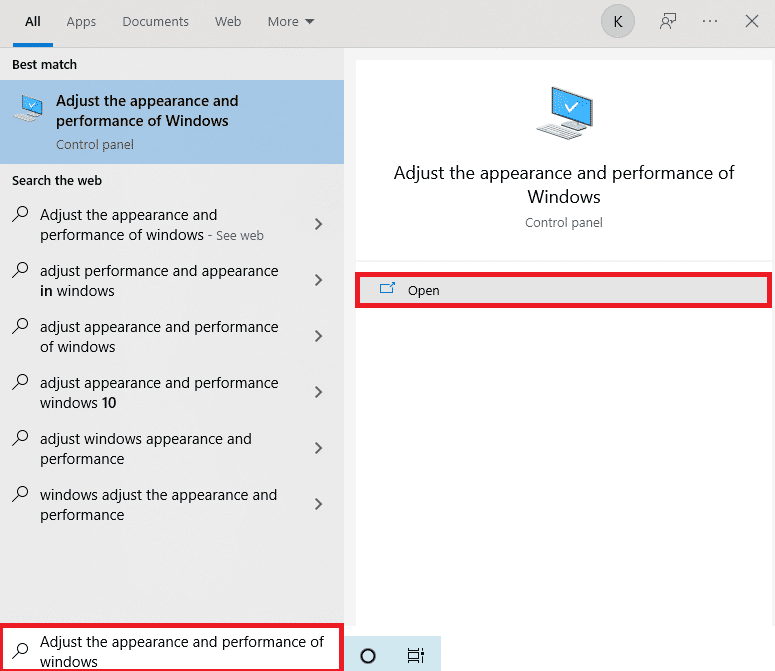 Введите «Настройка внешнего вида и производительности Windows» на панели «Начать поиск», как показано, и нажмите «Открыть».