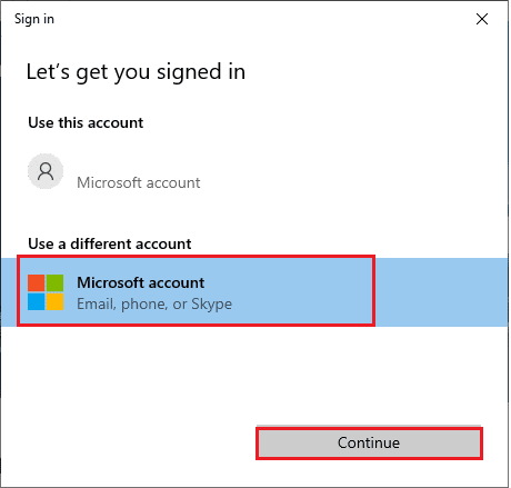 သင်၏ Microsoft အကောင့်ကို ရွေးချယ်ပြီး Continue ခလုတ်ကို နှိပ်ပါ။