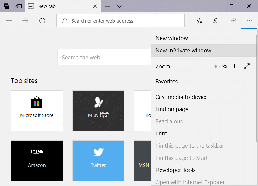 Click on the three dots (menu) and select New InPrivate window
