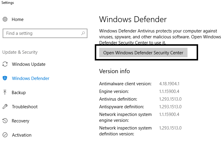 Click on Windows Defender Security Center