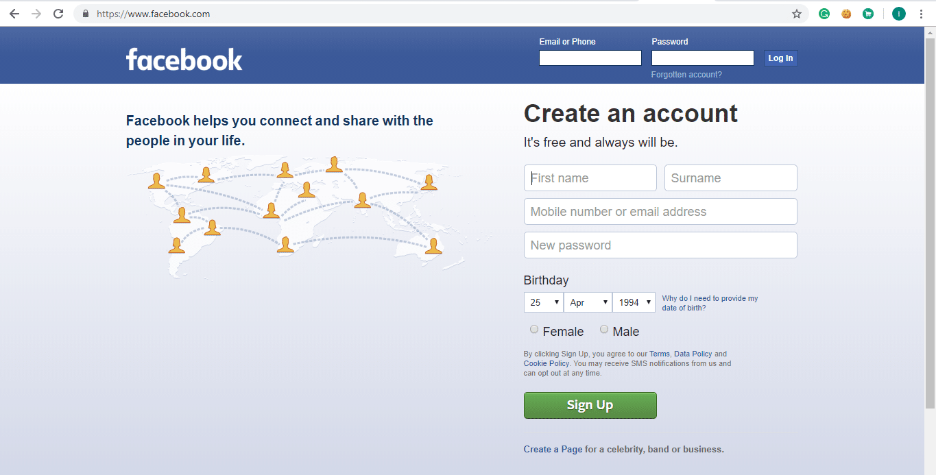 Откройте Facebook, используя ссылку facebook.com. Откроется страница, показанная ниже.
