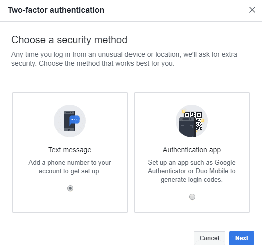 The dialog box, as shown below, will appear in which you will be asked to choose a Security method, and you will be given two choices either by Text message or by Authentication App. | how to switch between personal and business Facebook on mobile
