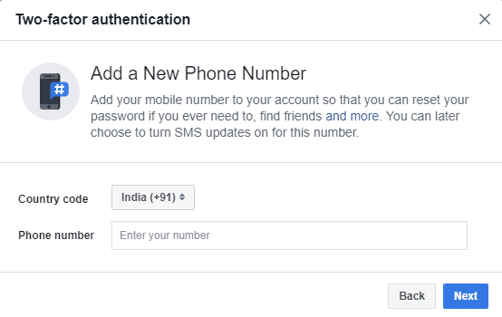 In the next step, your phone number will be asked if you have chosen the Text message option. Enter the phone number and click on the next button.