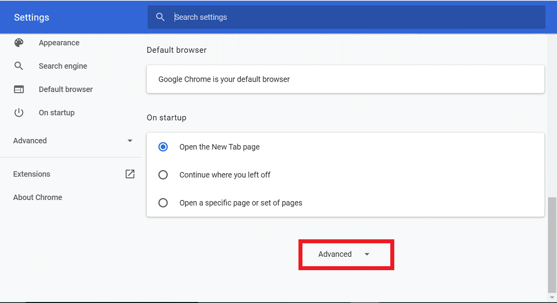 Click on the Advanced option on the bottom of the Settings window.