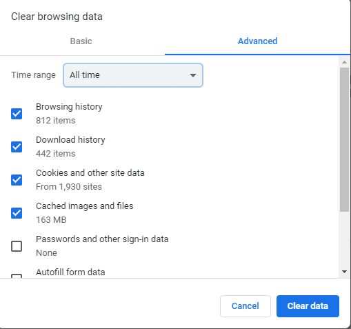 Under the Advanced tab, click on the checkboxes next to Browsing history, Download history, Cookies, and other site data, Cached images and files, and then click on the Clear Data button.