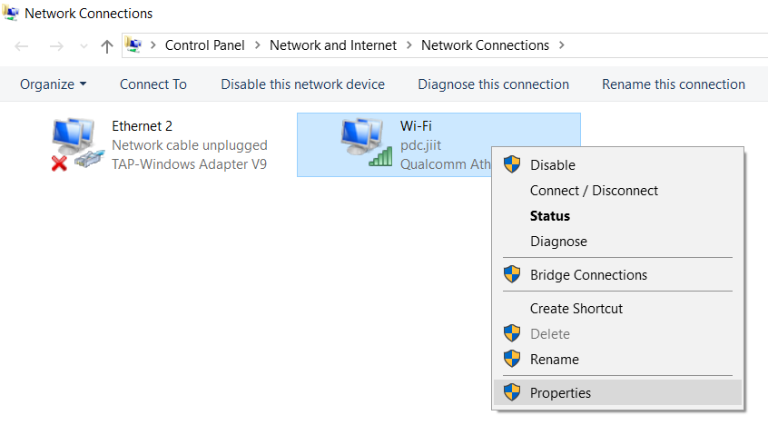 Right-click on the Network Connection and select Properties