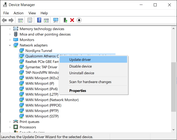 Right-click on your Wi-Fi device(for example Intel) and select Update Drivers.
