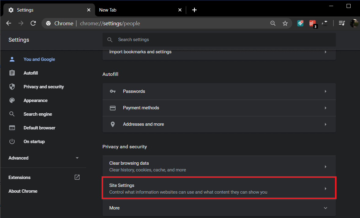 Under Privacy and security label, click on Site Settings | Fix Google Chrome Not Saving Passwords