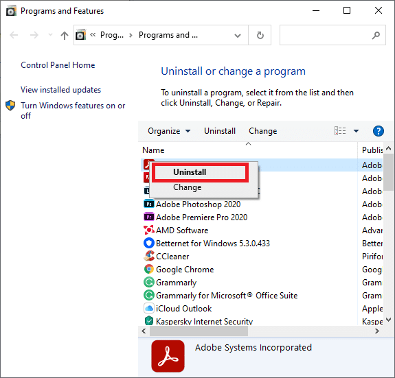 select Uninstall